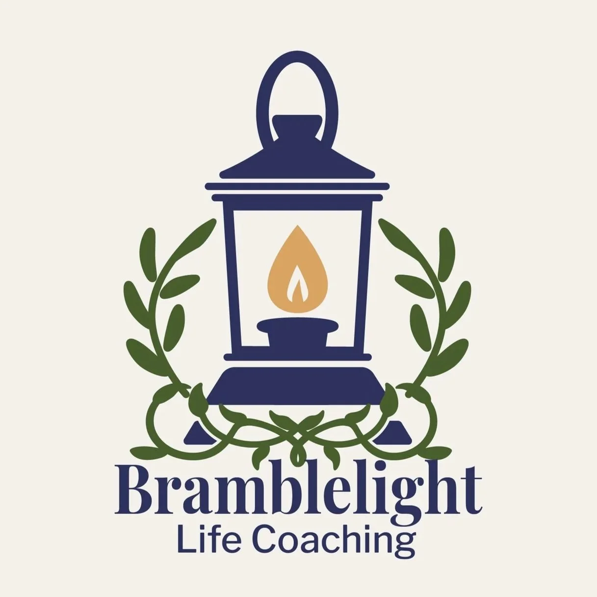 Logo featuring a lit lantern surrounded by green leaves with text 'Bramblelight Life Coaching' underneath.