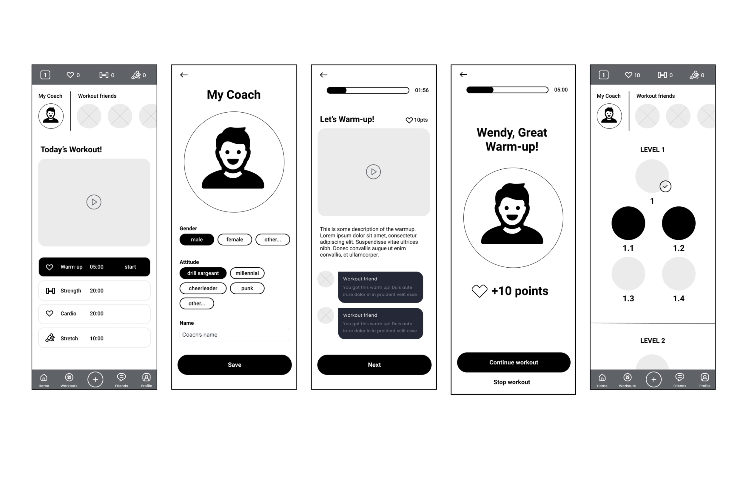 Screenshots of a fitness app with workout plans, user profile setup, warm-up introduction, workout completion screen, and difficulty level selection in black and white.