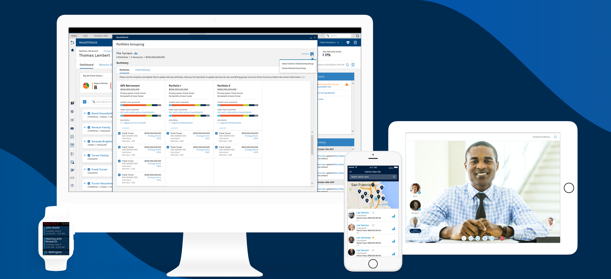 Digital devices displaying business and communication apps: a smartwatch with a calendar reminder, a smartphone with client contact info and map, an iPad with a video call, and a desktop monitor with financial portfolio management.