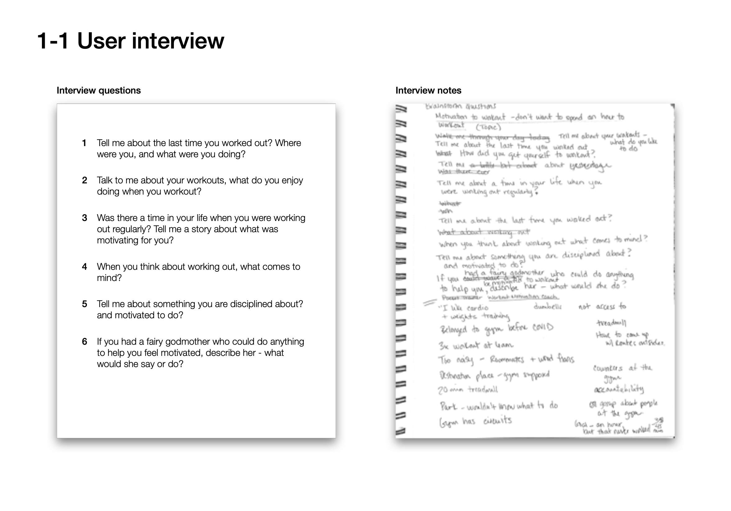 A screenshot of a user interview guide with questions on the left and handwritten notes on the right, including interview questions about workouts and notes about gym routines and motivations.