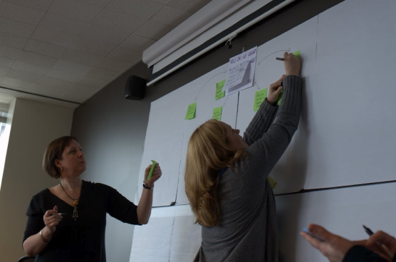 Two women working on a large whiteboard with sticky notes during a brainstorming session or meeting.