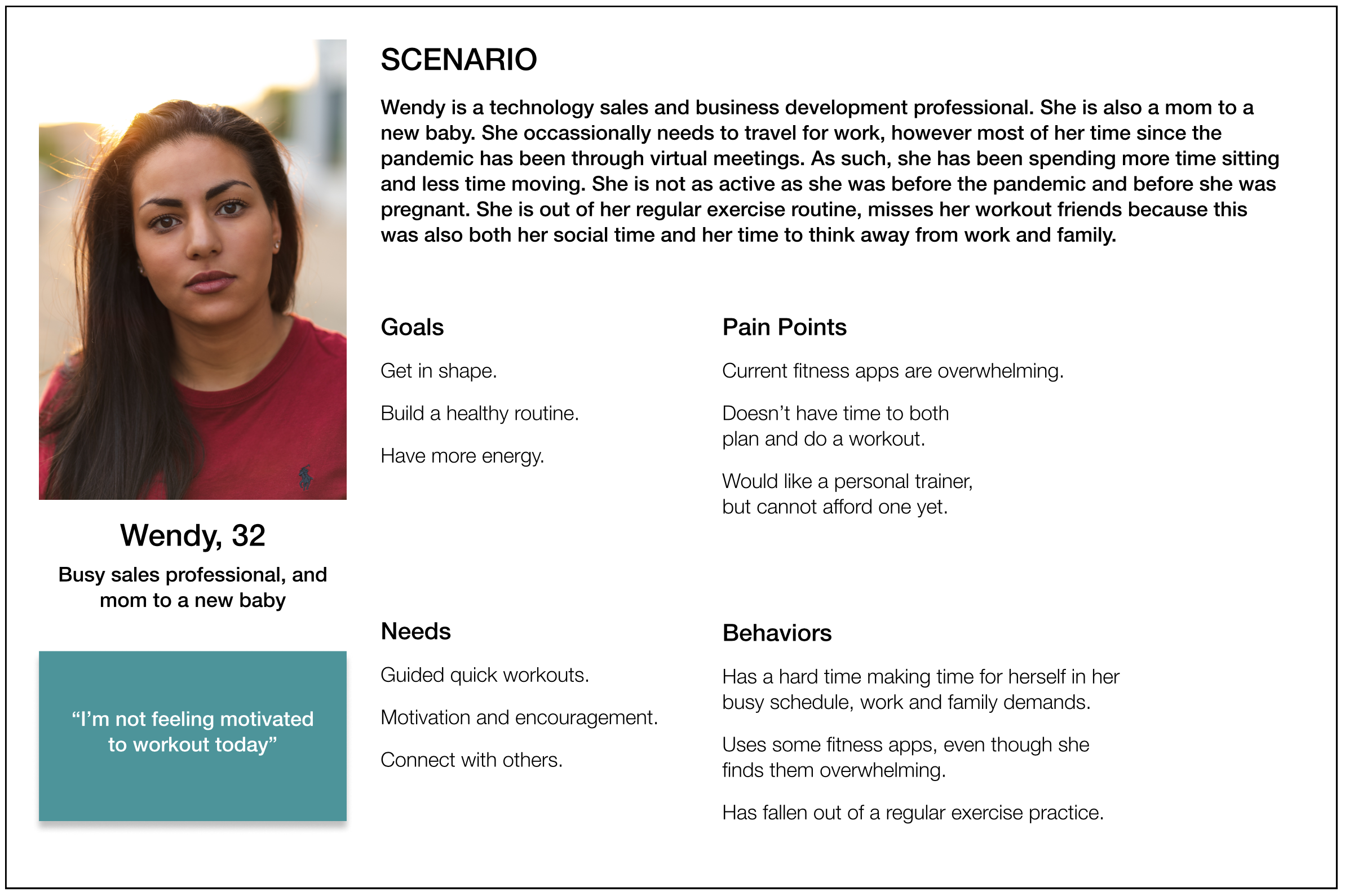 Scenario profile of Wendy, a 32-year-old woman, with a photo and information about her lifestyle, goals, pain points, needs, and behaviors related to fitness and work routines.