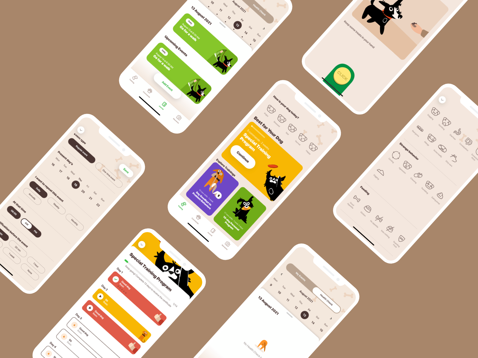 Multiple smartphone screens displaying a pet care and training app with colorful illustrations of cats and dogs, calendars, checklists, and training programs.