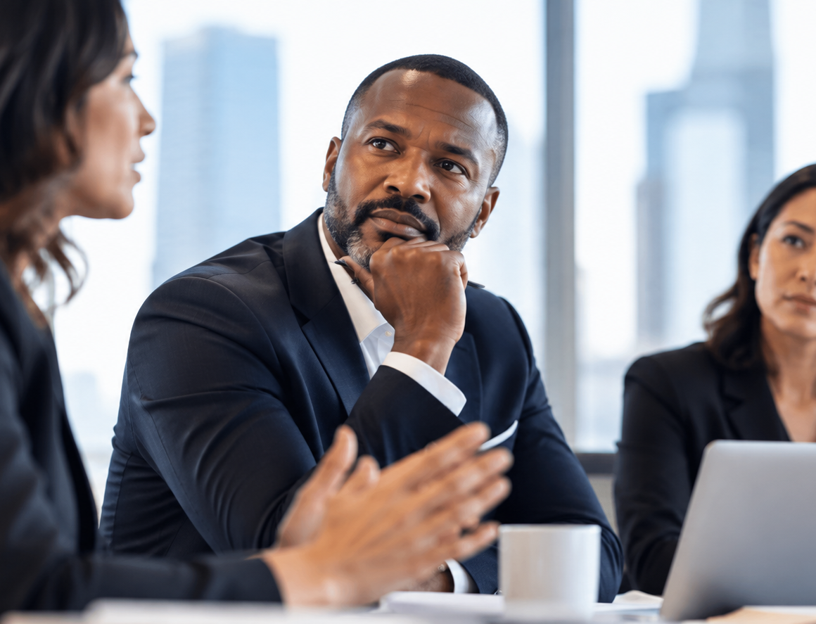 Senior executive reading the leadership landscape during a strategic discussion