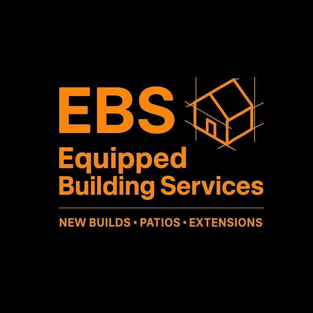 Logo for EBS Equipped Building Services with an orange house outline on a black background, and text indicating services like new builds, patios, and extensions.