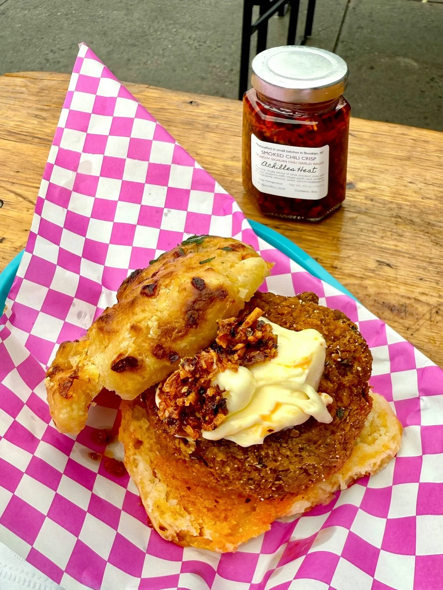 Our @robbiebiscuitco x @achilles_heat collab was such a hit at KCBC last weekend, we&rsquo;re gonna run it back this Saturday at @whoopsiedaisybar in Crown Heights!

Robbie Biscuit Co. will be serving up a Southern fried salmon patty, topped with a d