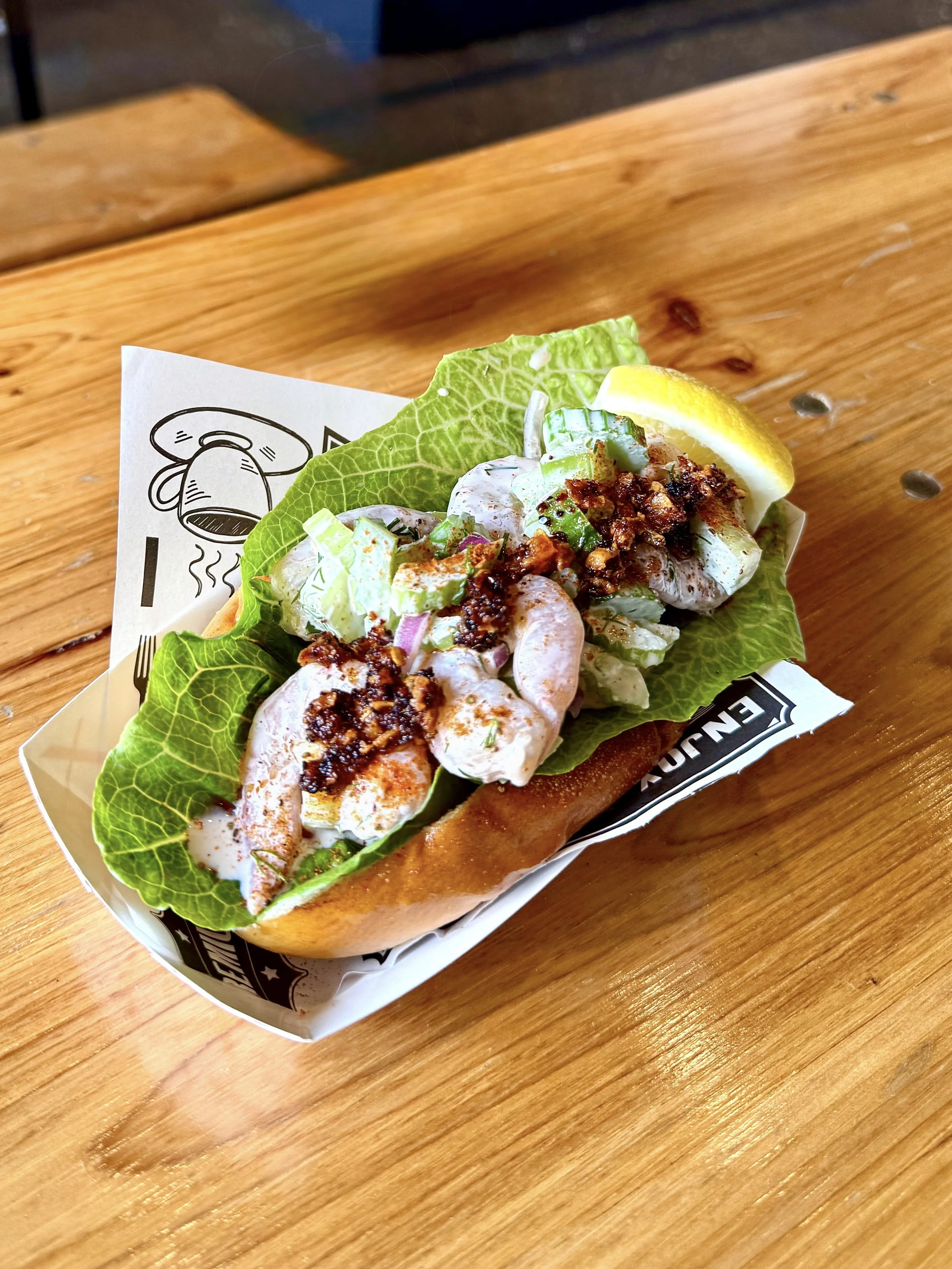 New England-style Shrimp Roll with Achilles Heat smoked chili crisp