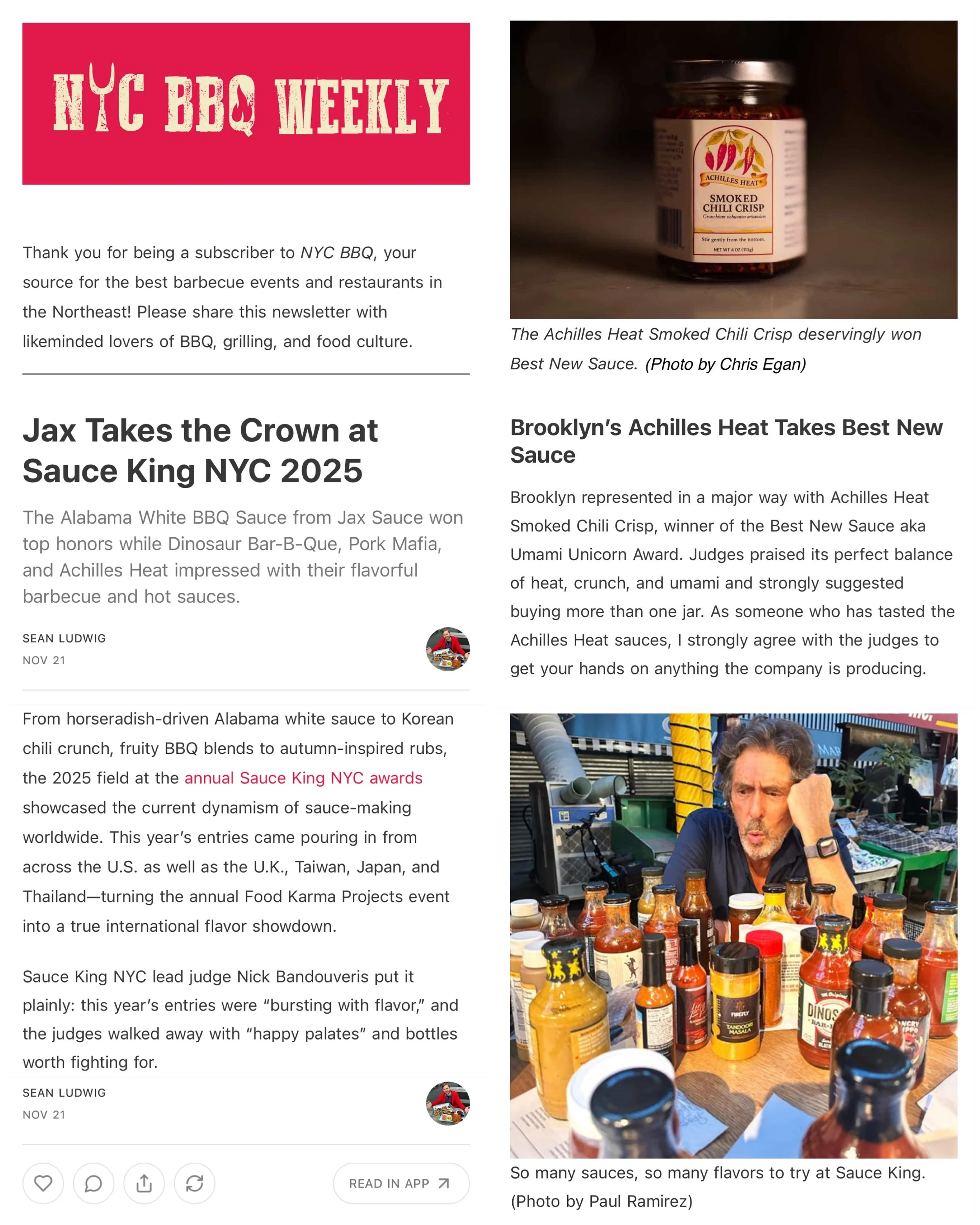 A newsletter called NYC BBQ Weekly featuring a jar of Achilles Heat Smoked Chili Crisp in the top right, and a man analyzing bottles of hot sauces at a table at the bottom right. The newsletter includes articles about sauce awards and tasting notes.