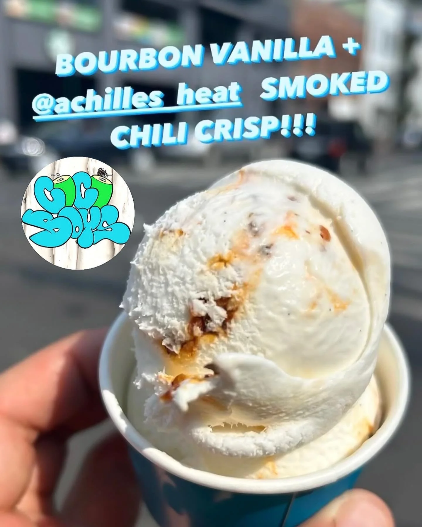 Bourbon Vanilla Bean (vegan) coconut milk ice cream swirled with Achilles Heat smoked chili crisp, by CoCo Boys