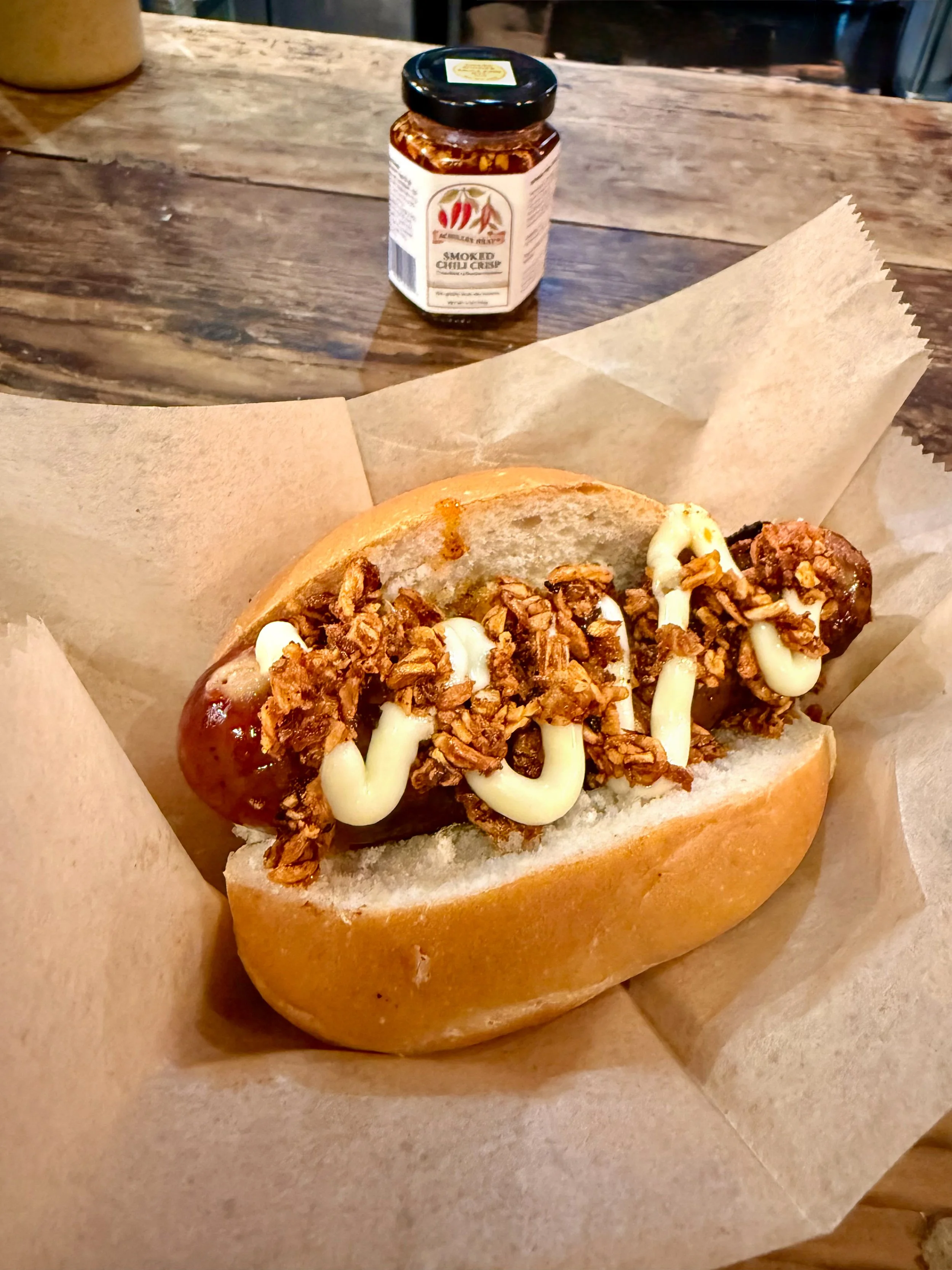 Smoked sausage currywust with Achilles Heat smoked chili crisp 