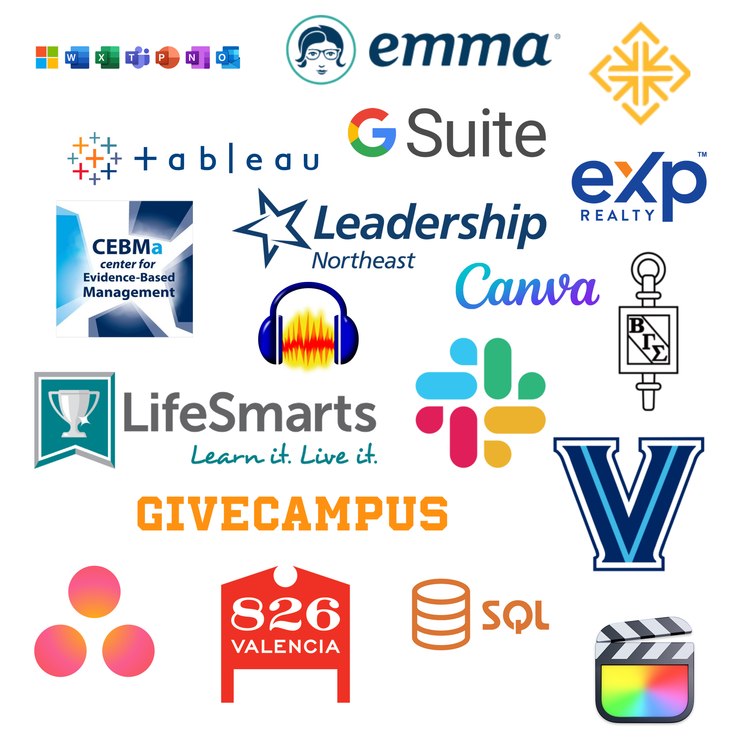 Collage of logos of various software, technology, and business companies including Microsoft Office, Google Suite, Canva, LifeSmart, GIVECAMPUS, and others.