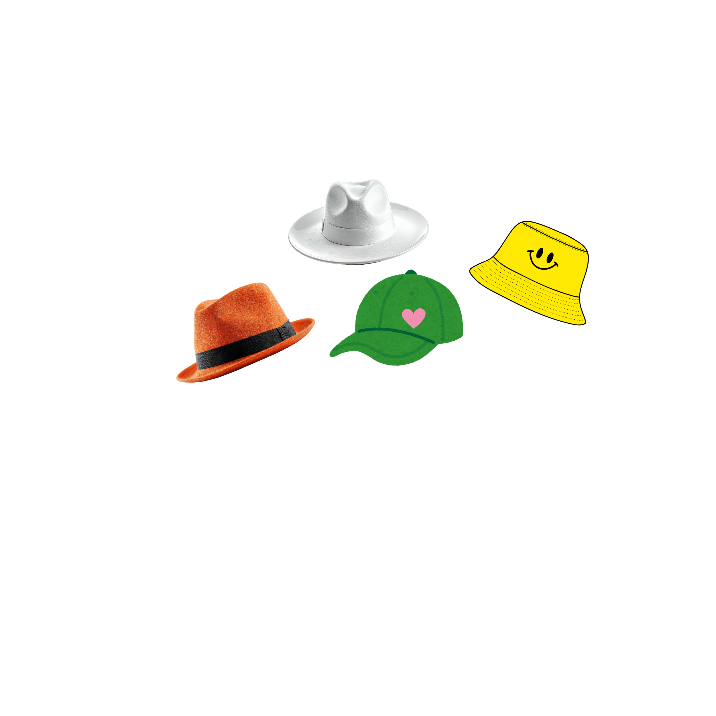 Collection of colorful hats, including a white hat, orange fedora, green baseball cap with pink heart, and yellow bucket hat with a smiley face, arranged on a black background.