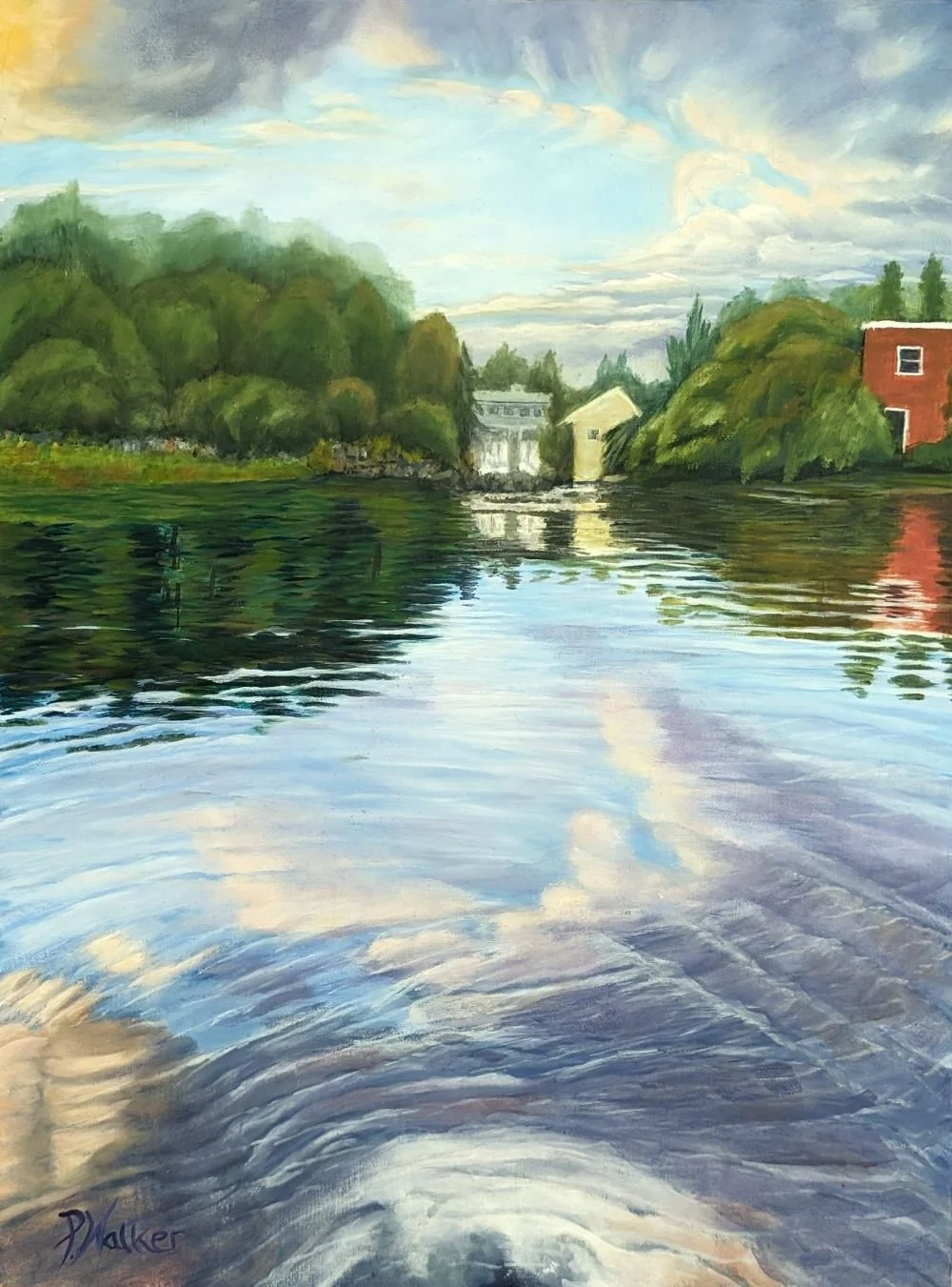 Painting of a river scene with lush green trees, a waterfall, and buildings on the right side.  A partly cloudy sky is reflected in the almost still water of the River.