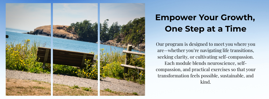 Split image of a scenic lakeside landscape with trees, yellow flowers, and a bench overlooking the water, alongside text promoting a growth and self-care program.