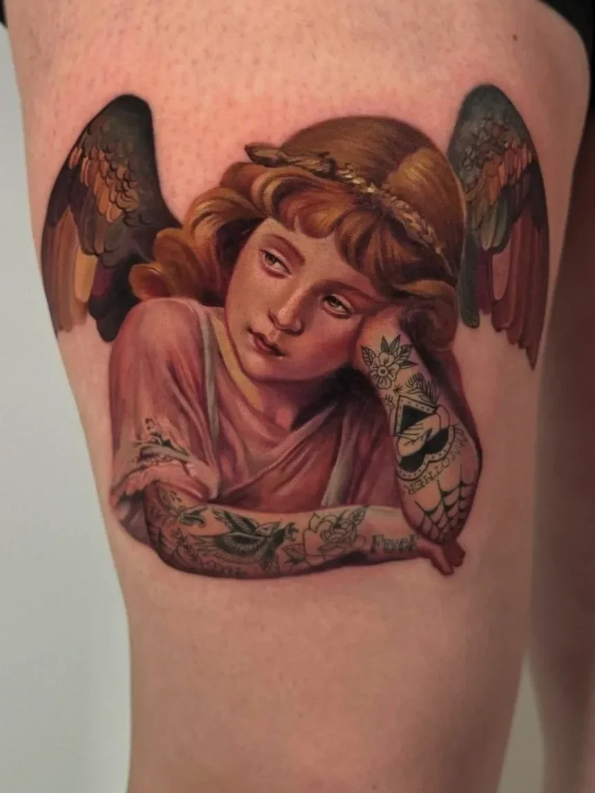 Tattoo of a woman with wings, resting her chin on her hand, with detailed tattoos on her arm.
