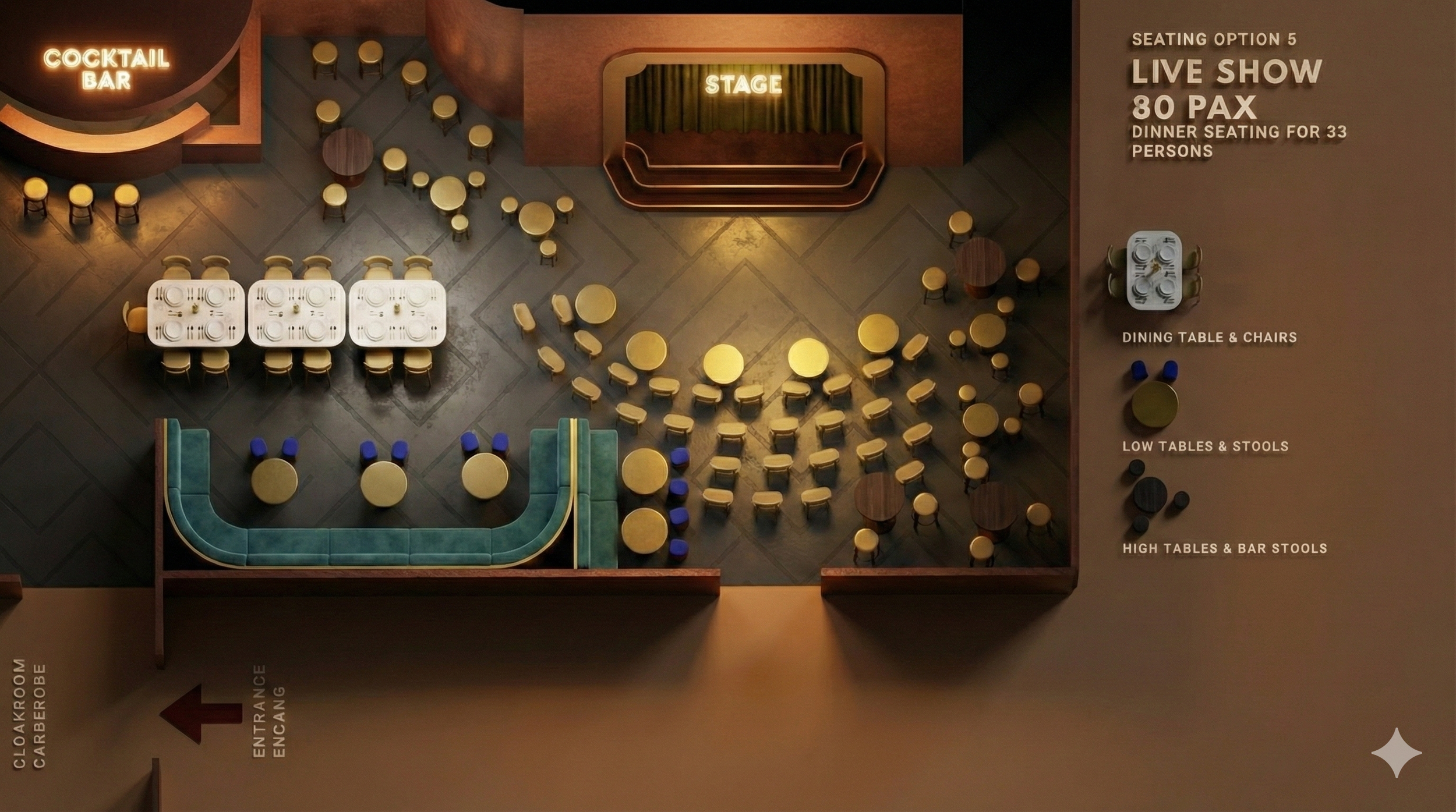 Top-down view of a restaurant floor layout including a cocktail bar, a stage, and dining tables with chairs. The right side of the image features seating options, including a long curved booth, low tables with stools, and high tables with bar stools, with a key indicating their locations and types.