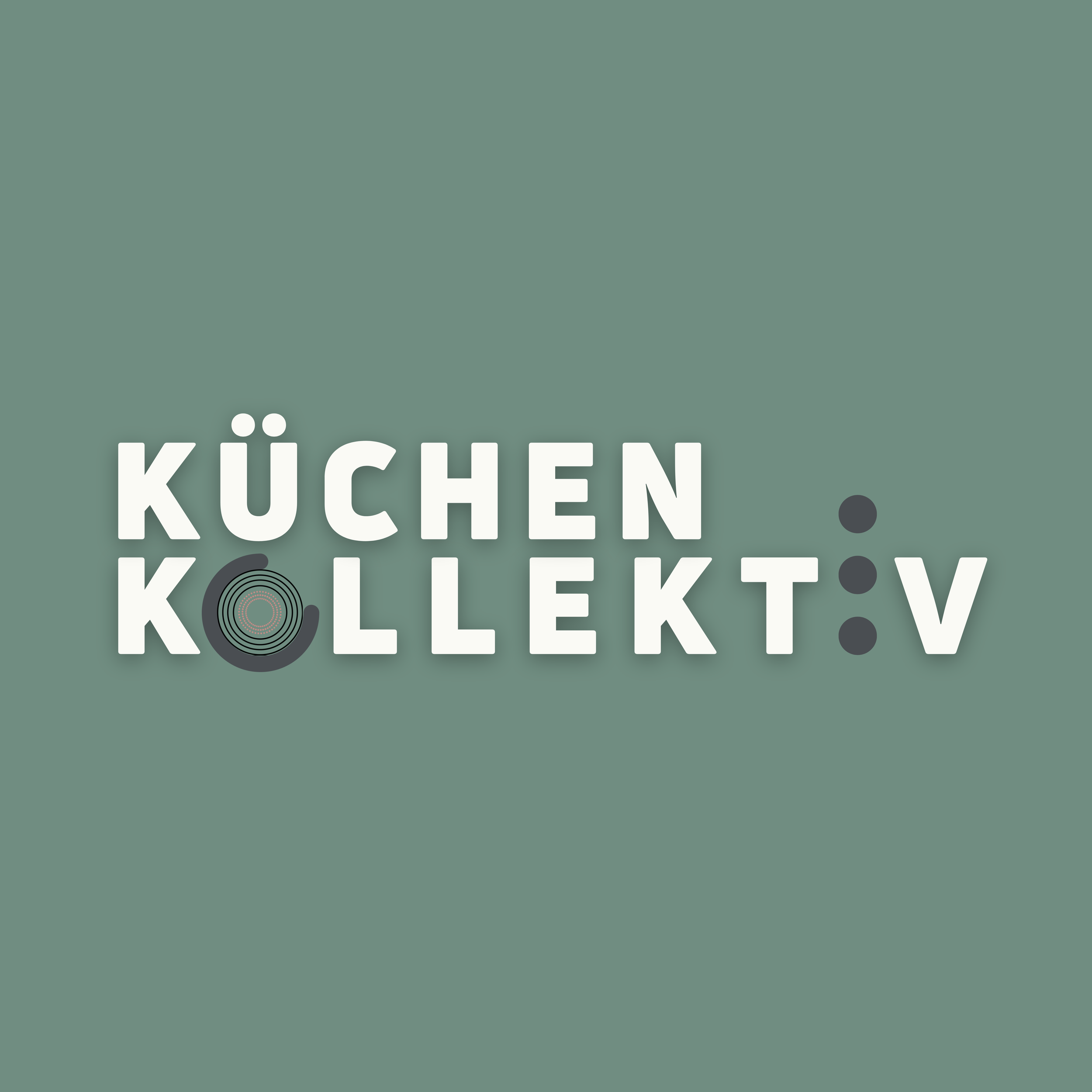 Logo with the words 'Küchen Kollektv' in bold white letters on a muted green background, featuring stylized dots and a concentric circle design.