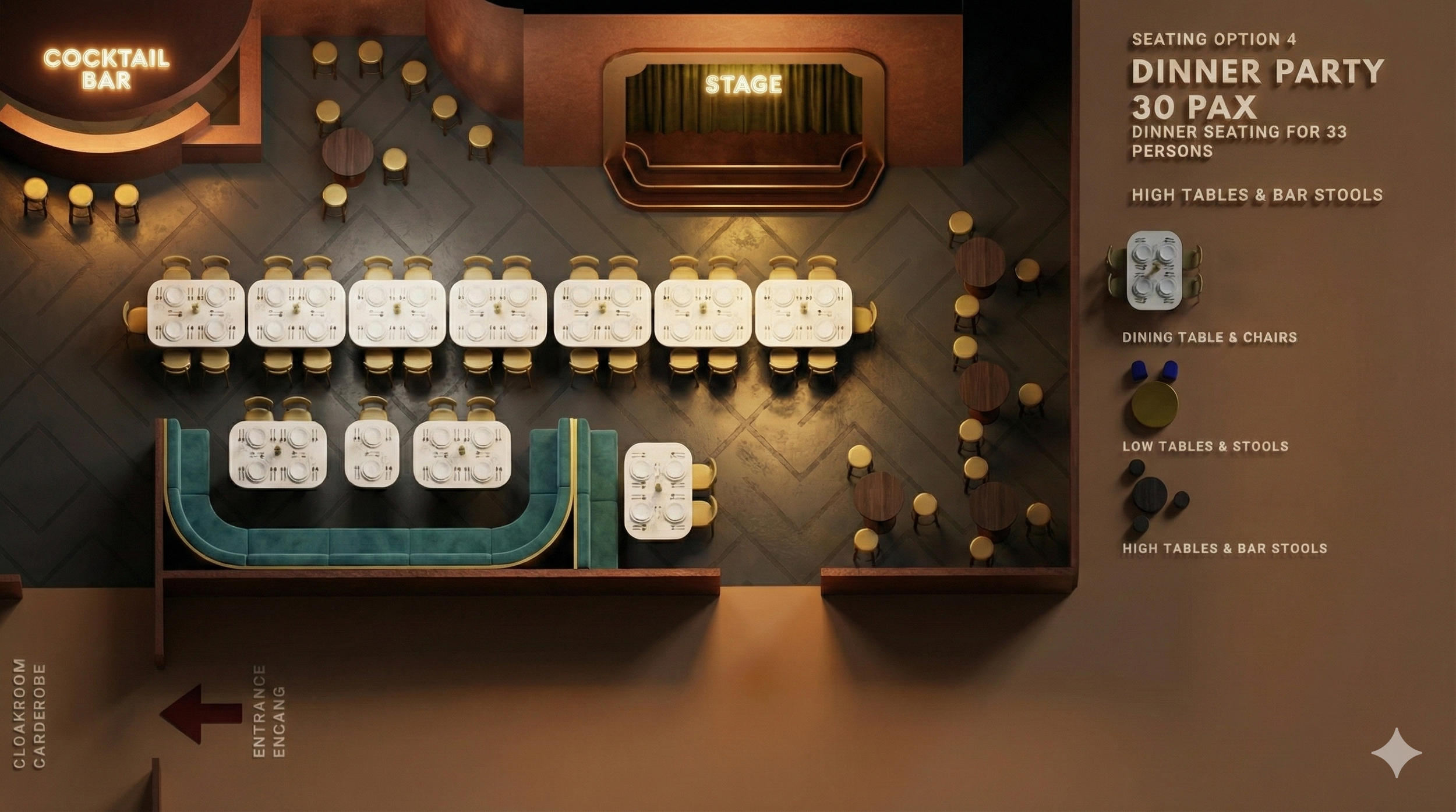 Floor plan shows a restaurant with a cocktail bar, a stage, dining area with round and rectangular tables, and a seating option for a dinner party for 33 people. The seating options include high tables with bar stools, dining tables with chairs, low tables with stools, and high tables with bar stools. The dining area has tables in a mix of arrangements, with some near the stage and others near the cocktail bar.