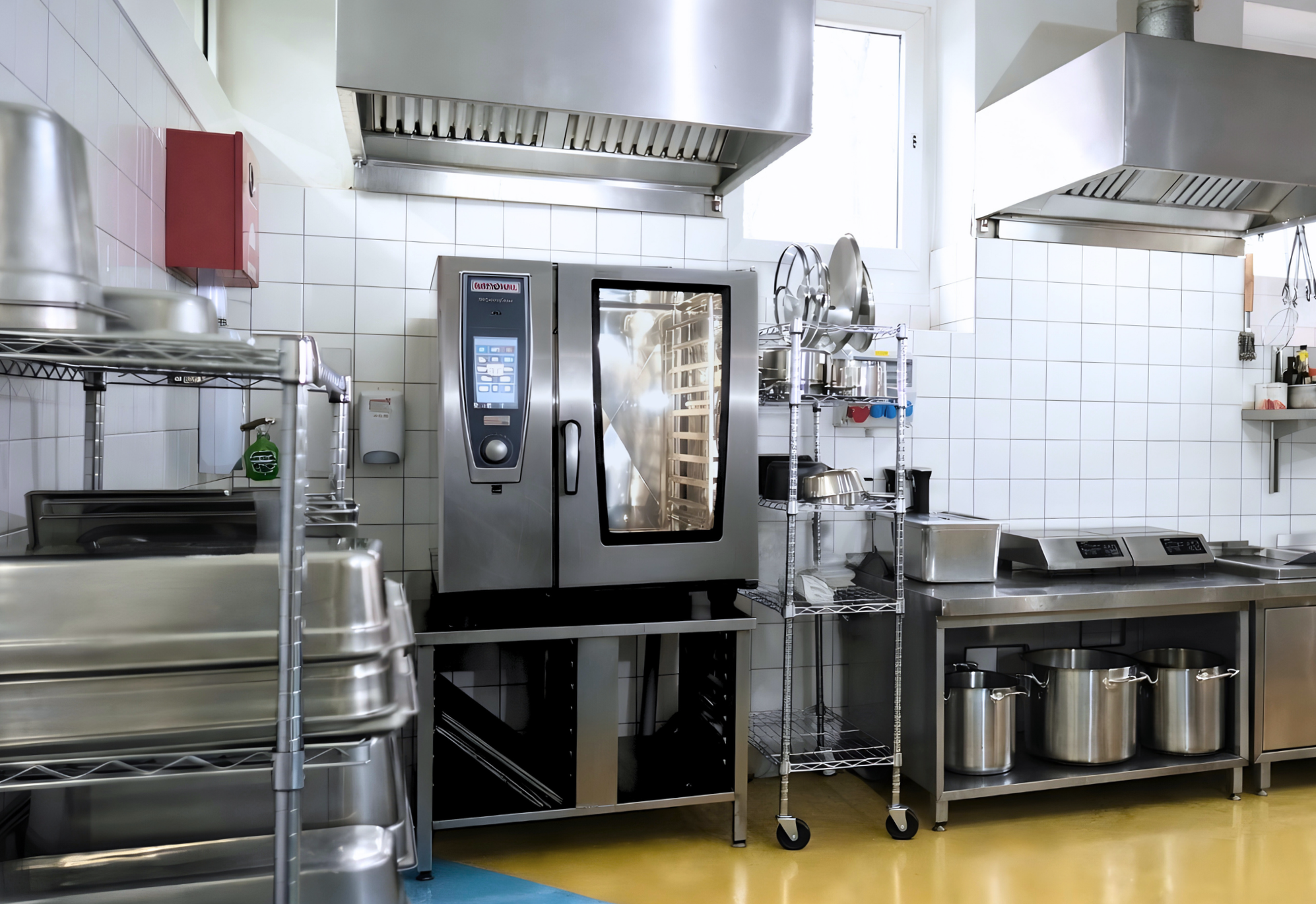 Commercial kitchen with stainless steel appliances and shelves, including an industrial oven, pots, and utensils.