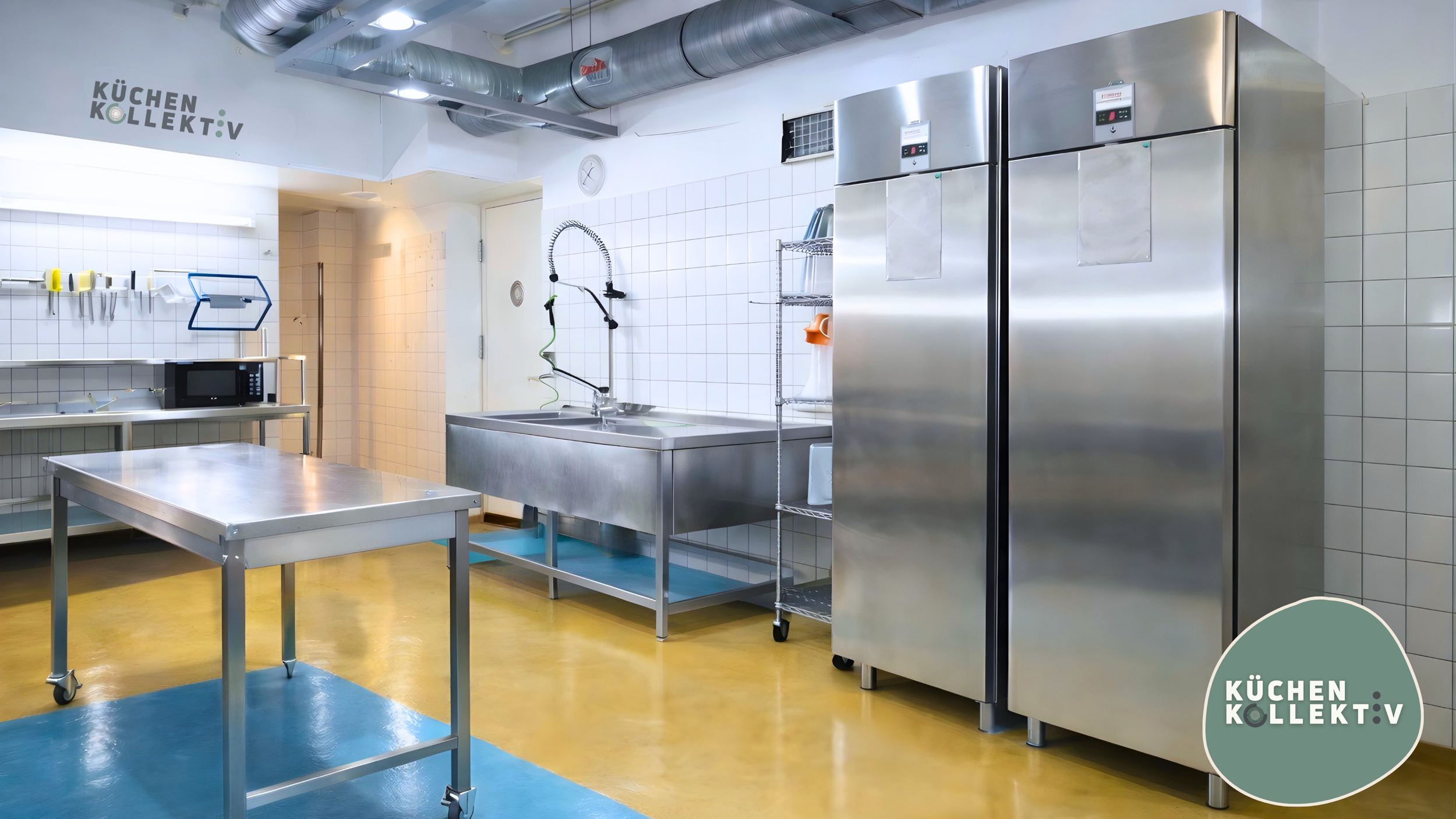 Industrial kitchen with stainless steel appliances, sinks, and a rolling table, featuring white tiled walls and yellow and blue flooring.