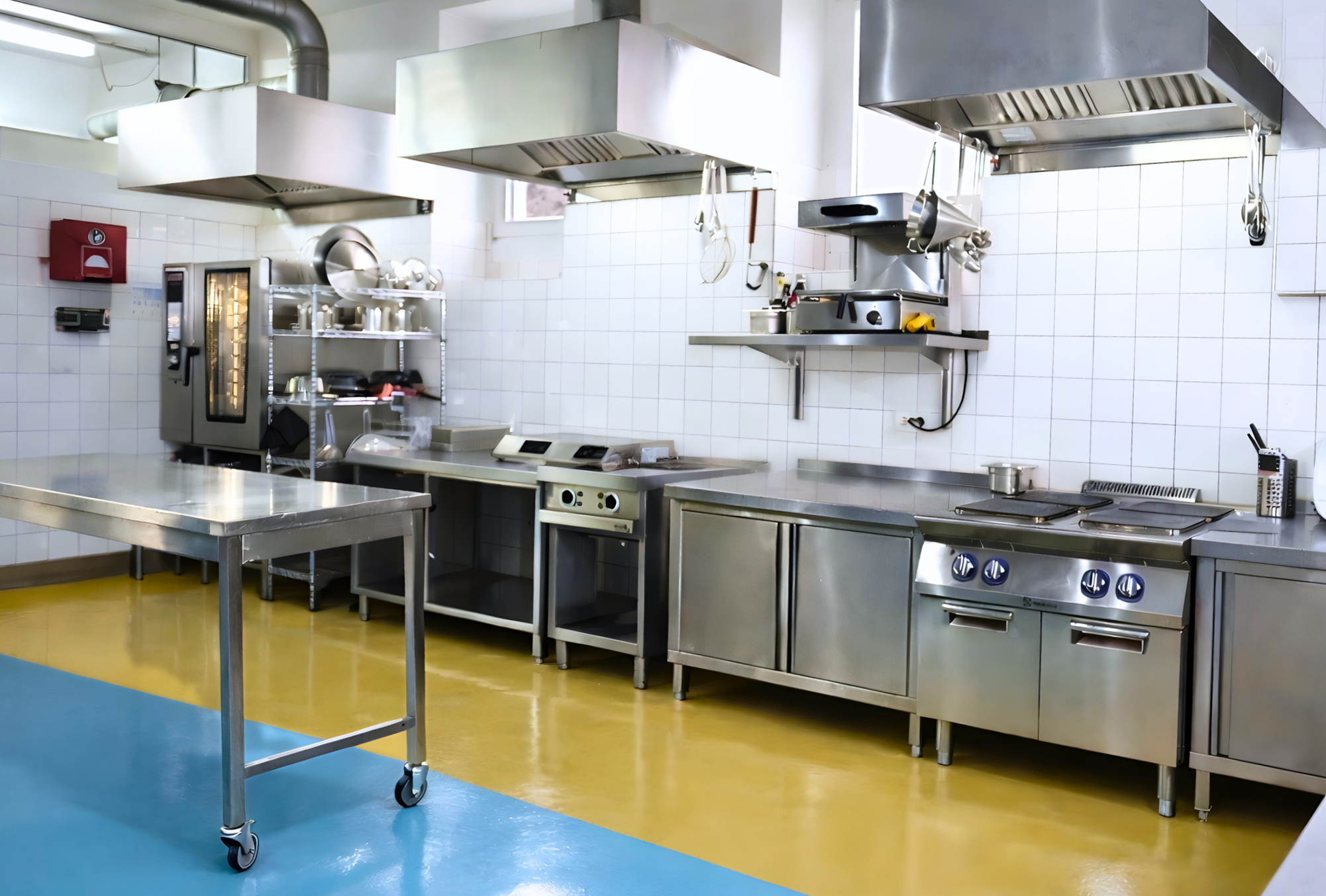 Empty commercial kitchen with stainless steel counters, appliances, and white tiled walls.