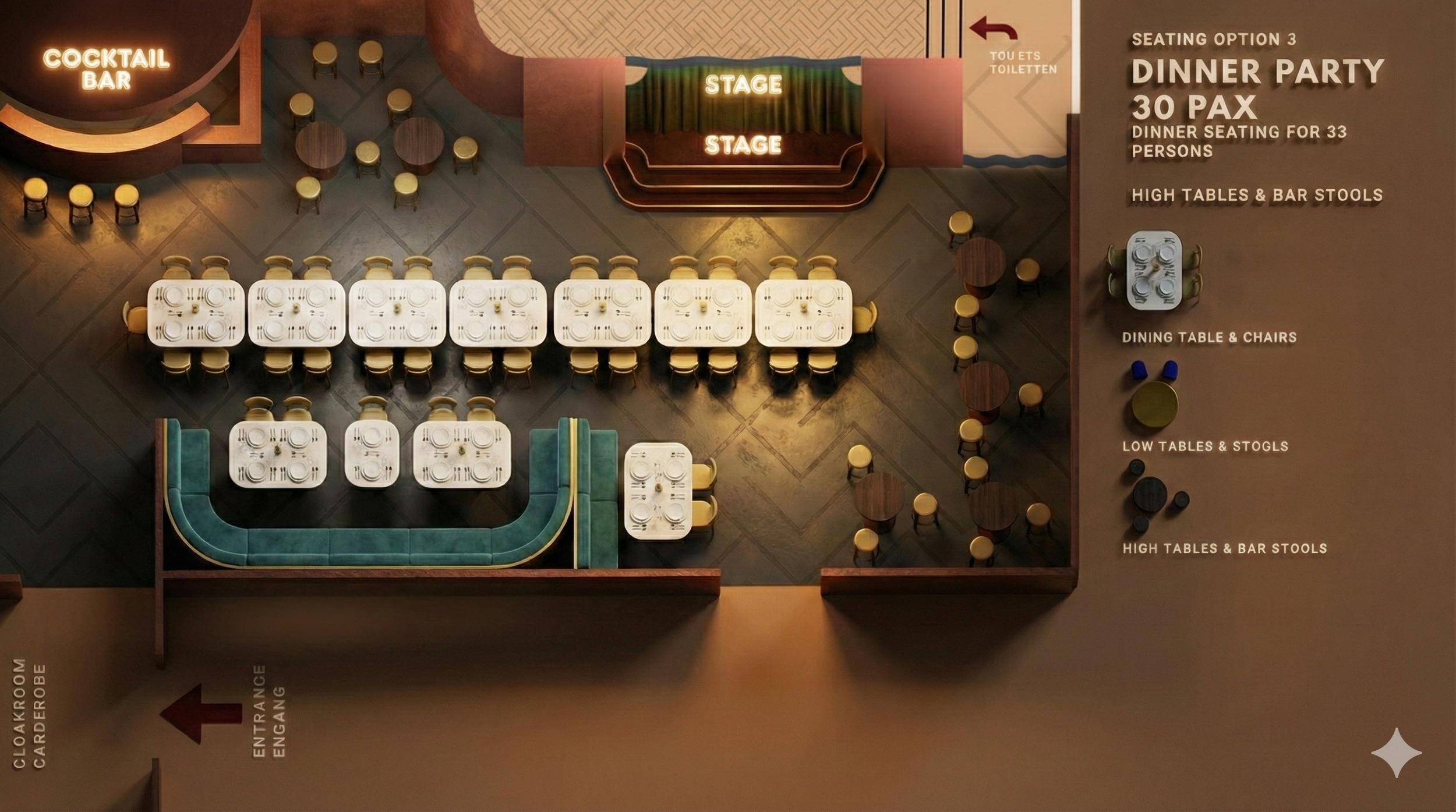 A layout of a dinner event space with tables, bar stools, a small stage, and a cocktail bar. The space has designated seating areas, including high tables and bar stools, low tables and stools, and dining tables and chairs, with a stage at the front.