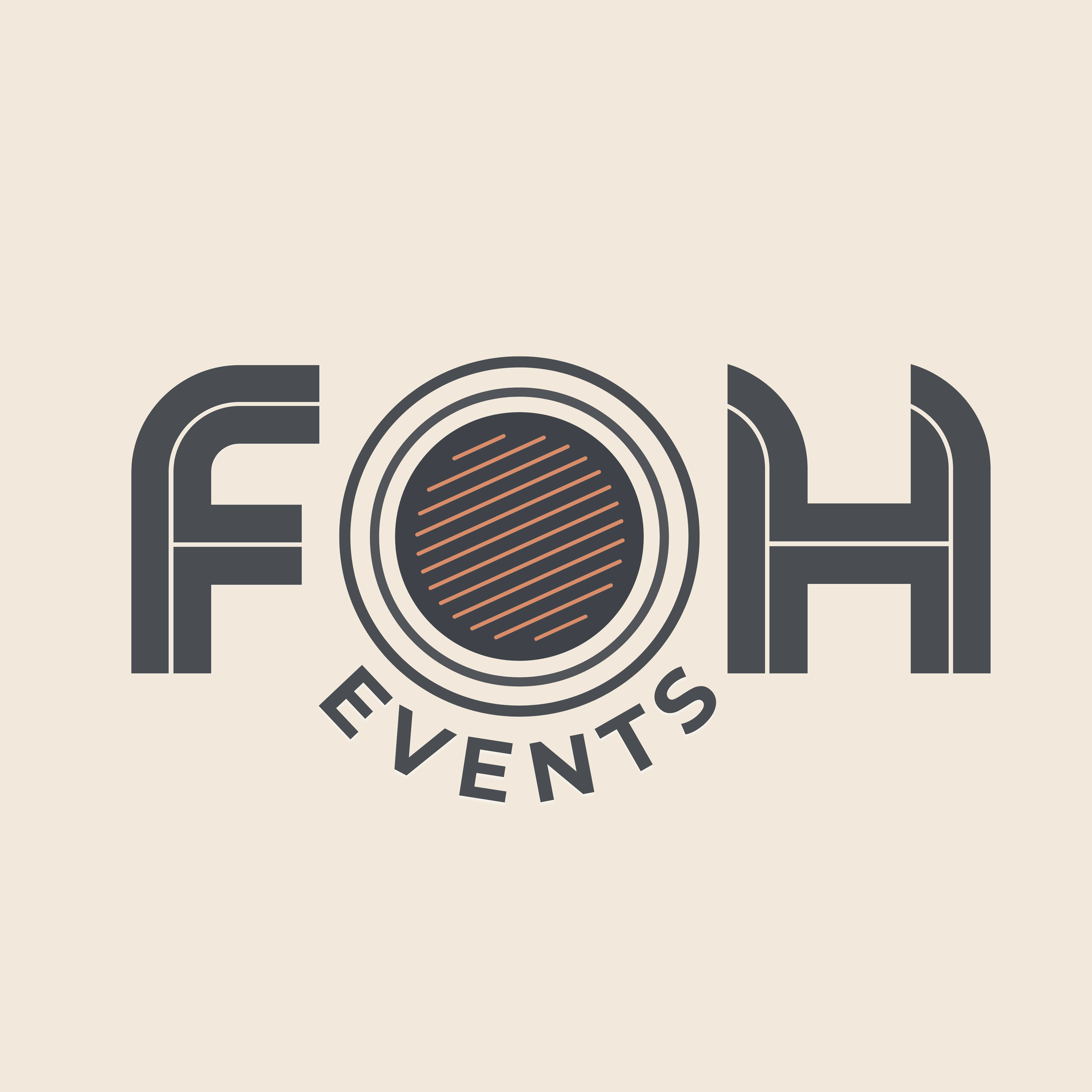 Logo for FOH Events featuring stylized text with the word 'FOH' and a circular design in the center, with the word 'EVENTS' curved below.