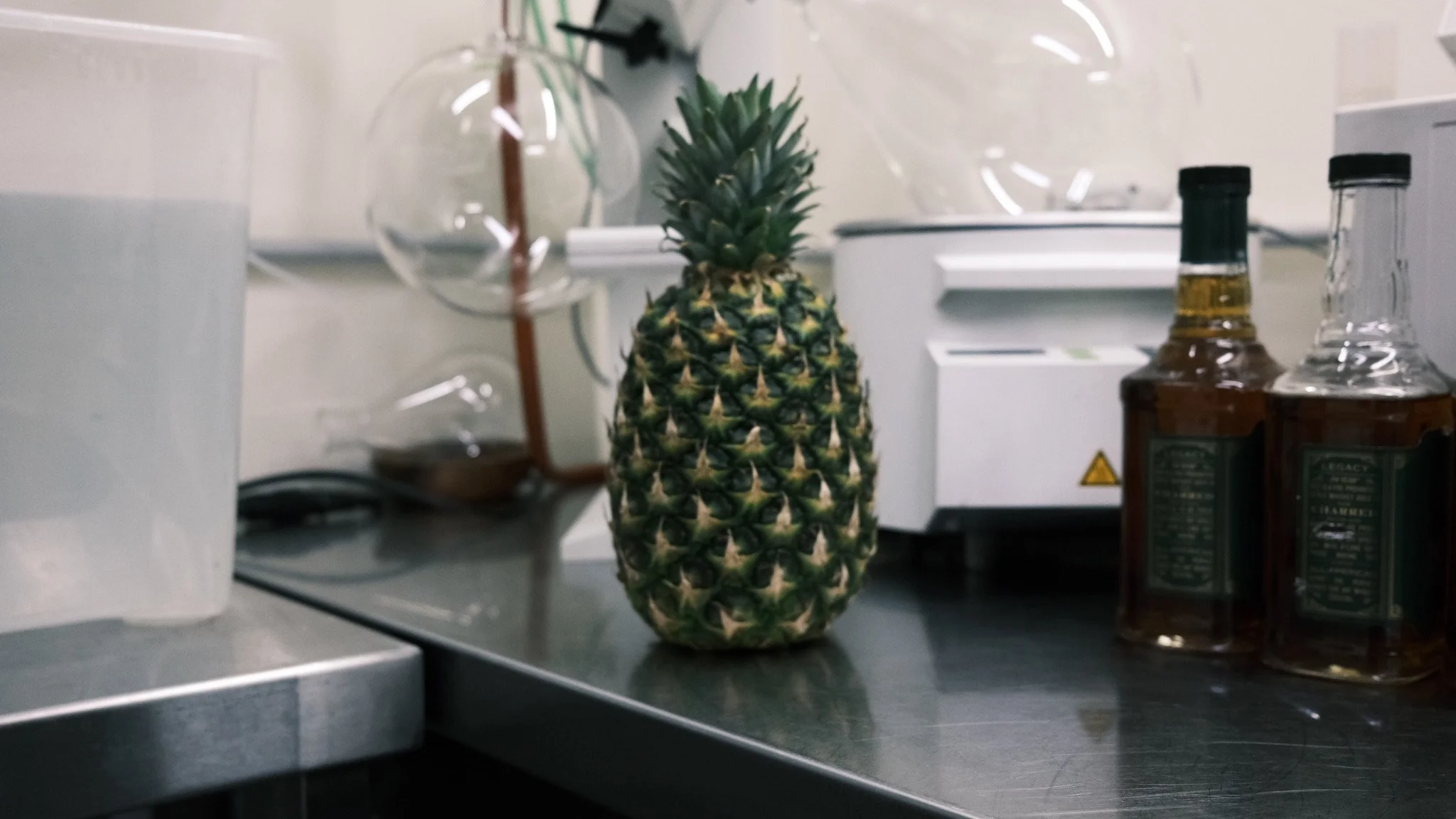 Fresh pineapple on a metal kitchen counter with liquor bottles and laboratory equipment in the background.