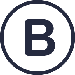 A circular logo with a large letter 'B' in the center, outlined in black.
