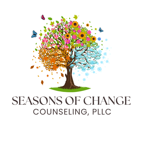 A colorful flowering tree split into four sections representing the four seasons: spring with pink flowers, summer with bright orange flowers, fall with orange and yellow leaves, and winter with blue snowflakes.