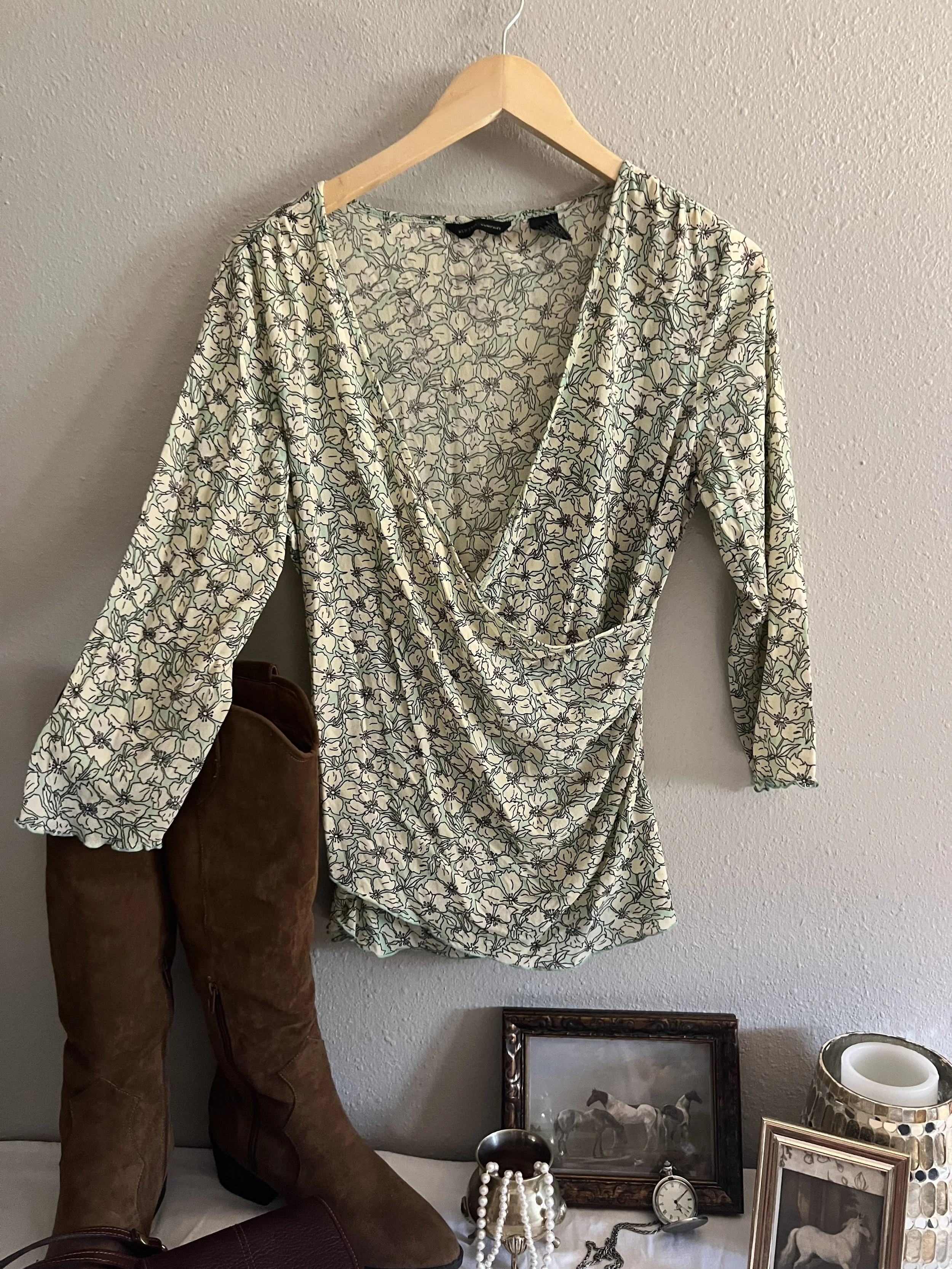 Office Siren Top Long Sleeve Sheer Mesh Faux Wrap  Size: Large