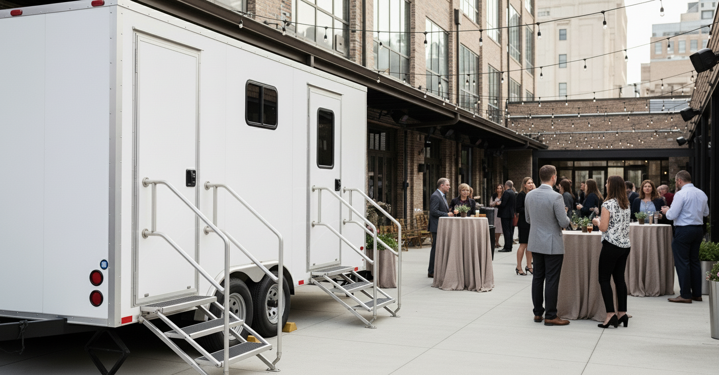 mobile restroom trailer outside at corporate event in an urban building