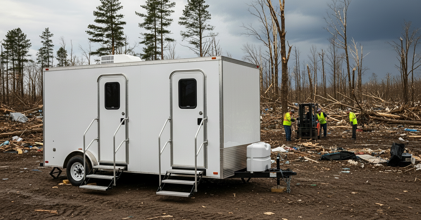 mobile restroom trailer at a natural disaster clean-up site with broken trees and people clearing debris