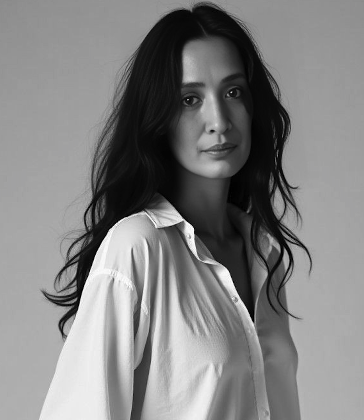 A black and white portrait of a woman with long, wavy hair wearing a loose, button-up shirt.