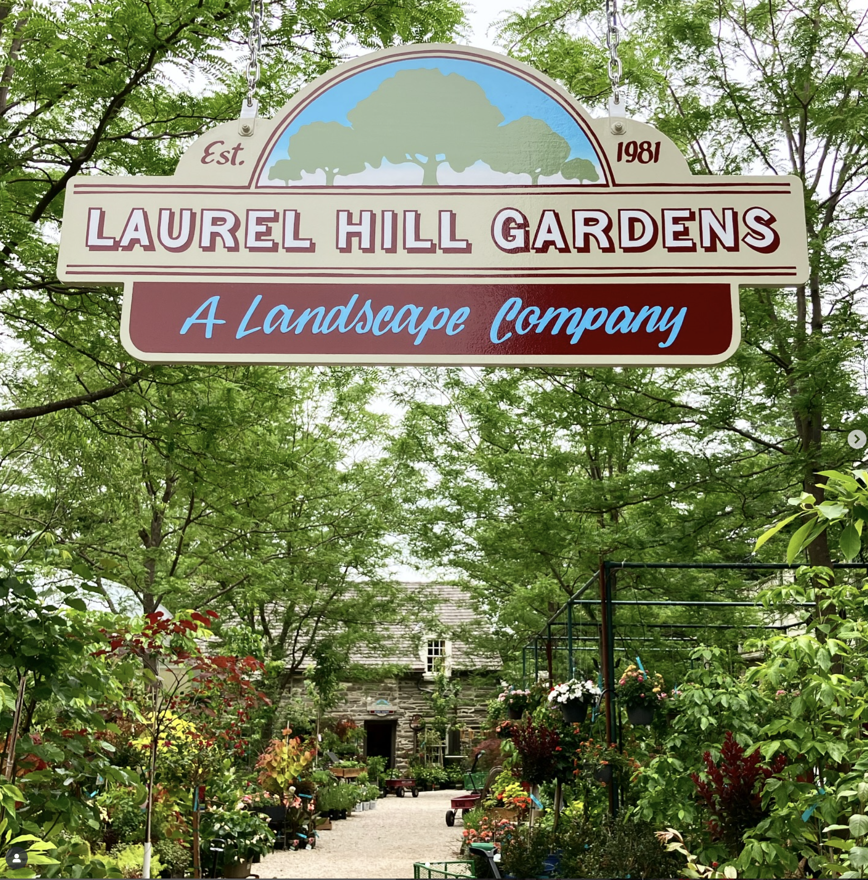 Entrance sign for Laurel Hill Gardens, a landscape company established in 1981, with a garden center filled with plants and flowers behind it.