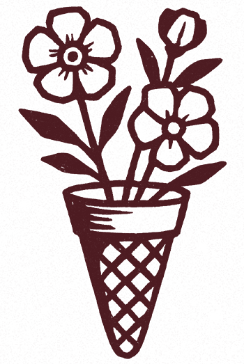 Outline of a flower arrangement in a basket with flowers and leaves.