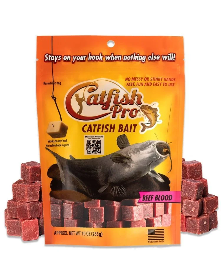 Package of Catfish Pro catfish bait, labeled as beef blood, with red cube-shaped bait blocks surrounding it.