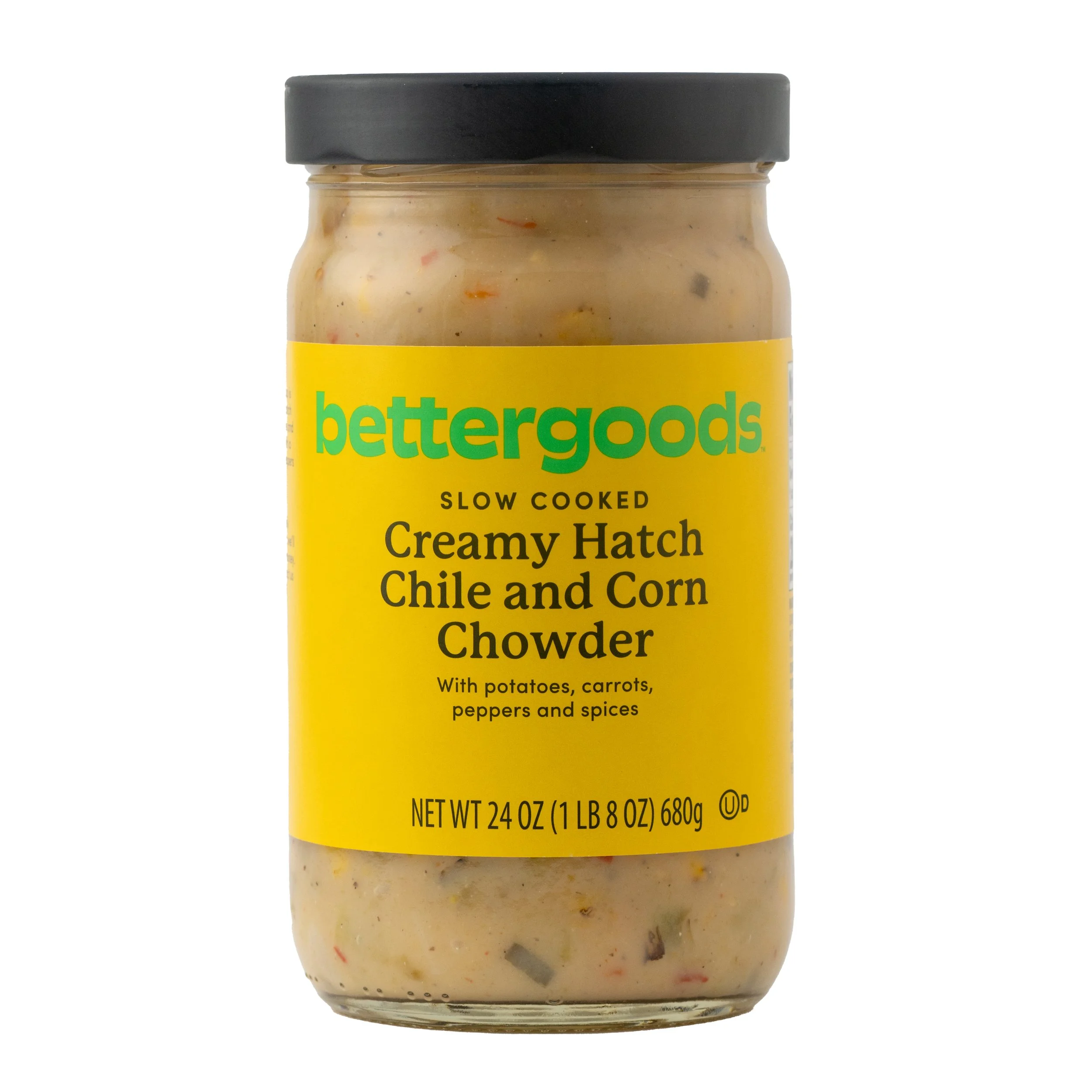 Jar of Better Foods slow-cooked creamy hatch chile and corn chowder with potatoes, carrots, peppers, and spices, 24 ounces.