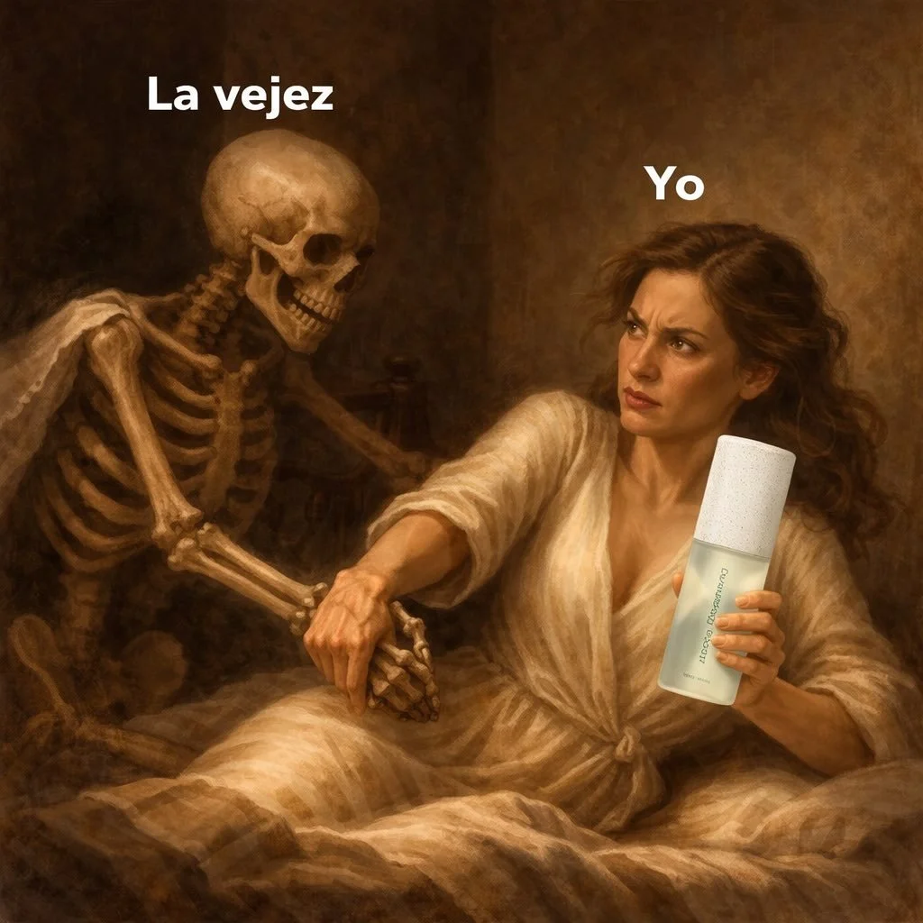 La vejez toc&aacute;ndome el hombro.
Yo sosteniendo mi Dermatology Booster como si fuera espada.

Skincare. Agua. Baby botox estrat&eacute;gico.
Que empiece la batalla. 💅🏻✨