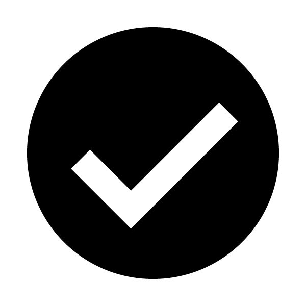 Black circle with a white checkmark inside, indicating approval or completion.