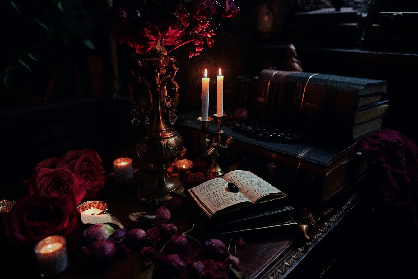 A dimly lit table with lit candles, an open book, and a stack of books, surrounded by red flowers and candles.