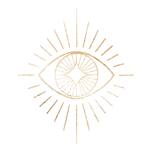 A stylized eye with rays emanating from it, featuring a diamond shape in the center, rendered in gold on a black background.