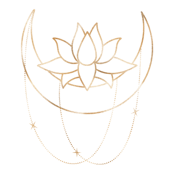 A gold tattoo design featuring a lotus flower on a crescent moon with three hanging star-shaped charms.