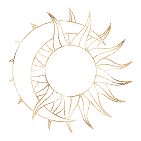 Gold and silver celestial design featuring a crescent moon with spiky rays and a surrounding ring of sharp, spike-like elements on a black background.
