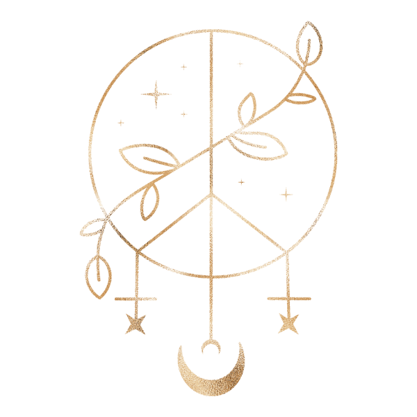 A decorative celestial and peace symbol tattoo featuring a moon, stars, and a peace sign with hanging stars, adorned with leaves and branches, on a black background.