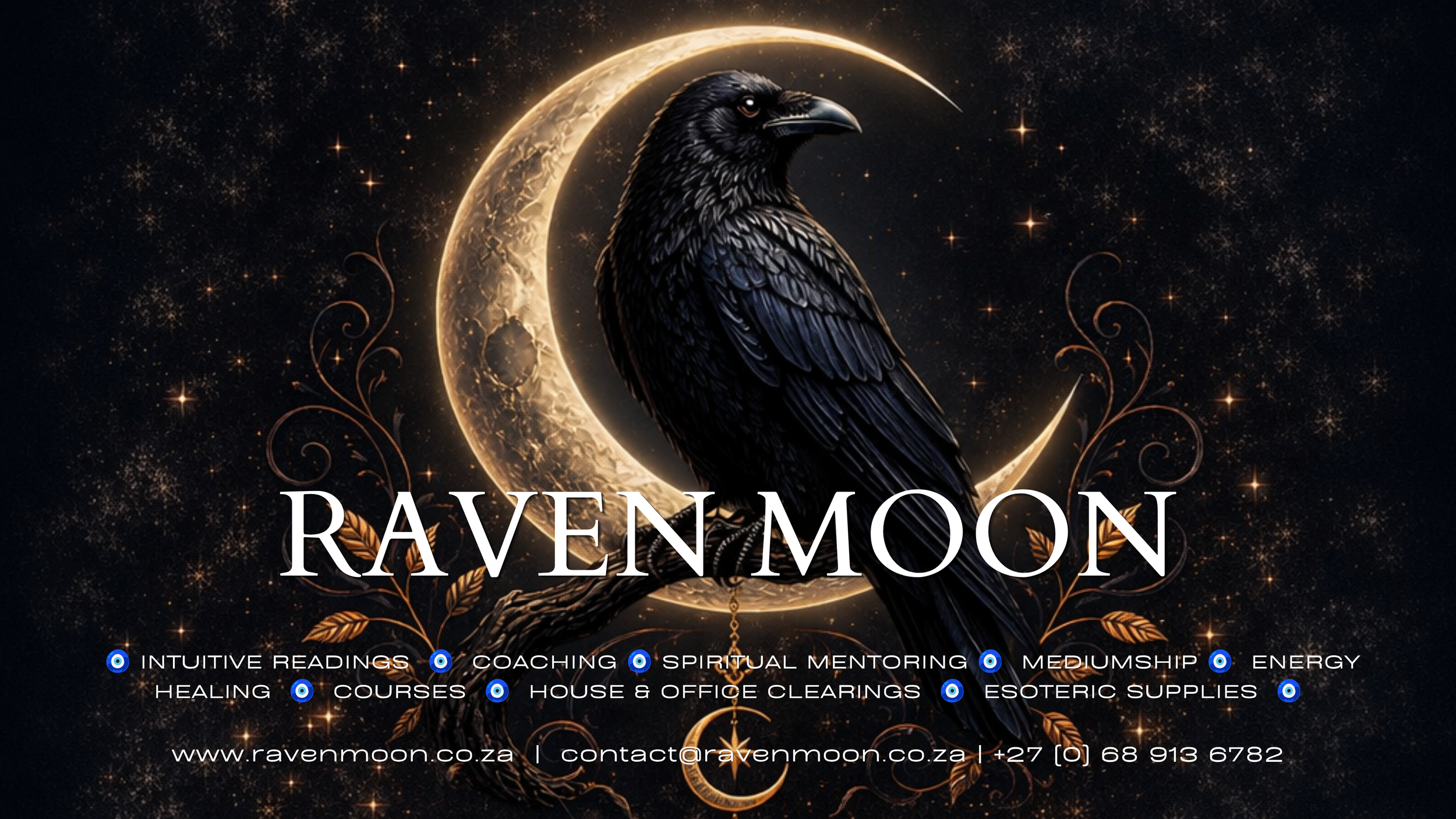 A black raven sitting on a branch with a large crescent moon in the background, surrounded by stars and cosmic elements, with the text "RavenMoon" and services listed at the bottom.