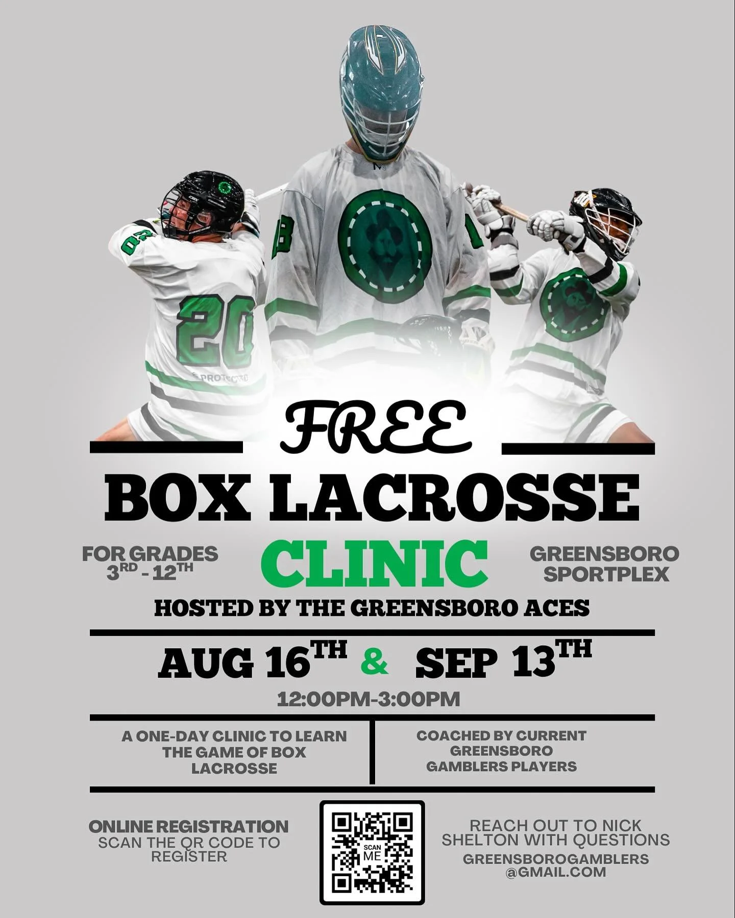 🚨 Free Box Lacrosse Clinic &ndash; For Grades 3rd - 12th🚨

Looking for a new way to challenge and develop your athlete?
 The Greensboro Aces are offering two free box lacrosse clinics designed to build faster hands, smarter play, and tougher athlet