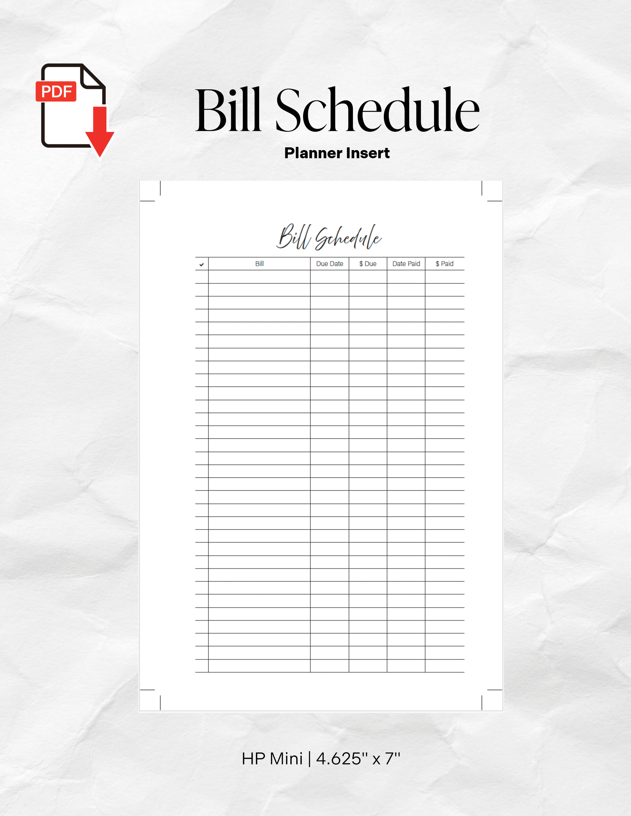 Bill Schedule Insert | HP Mini (4.625" x 7") No. 114.03HP