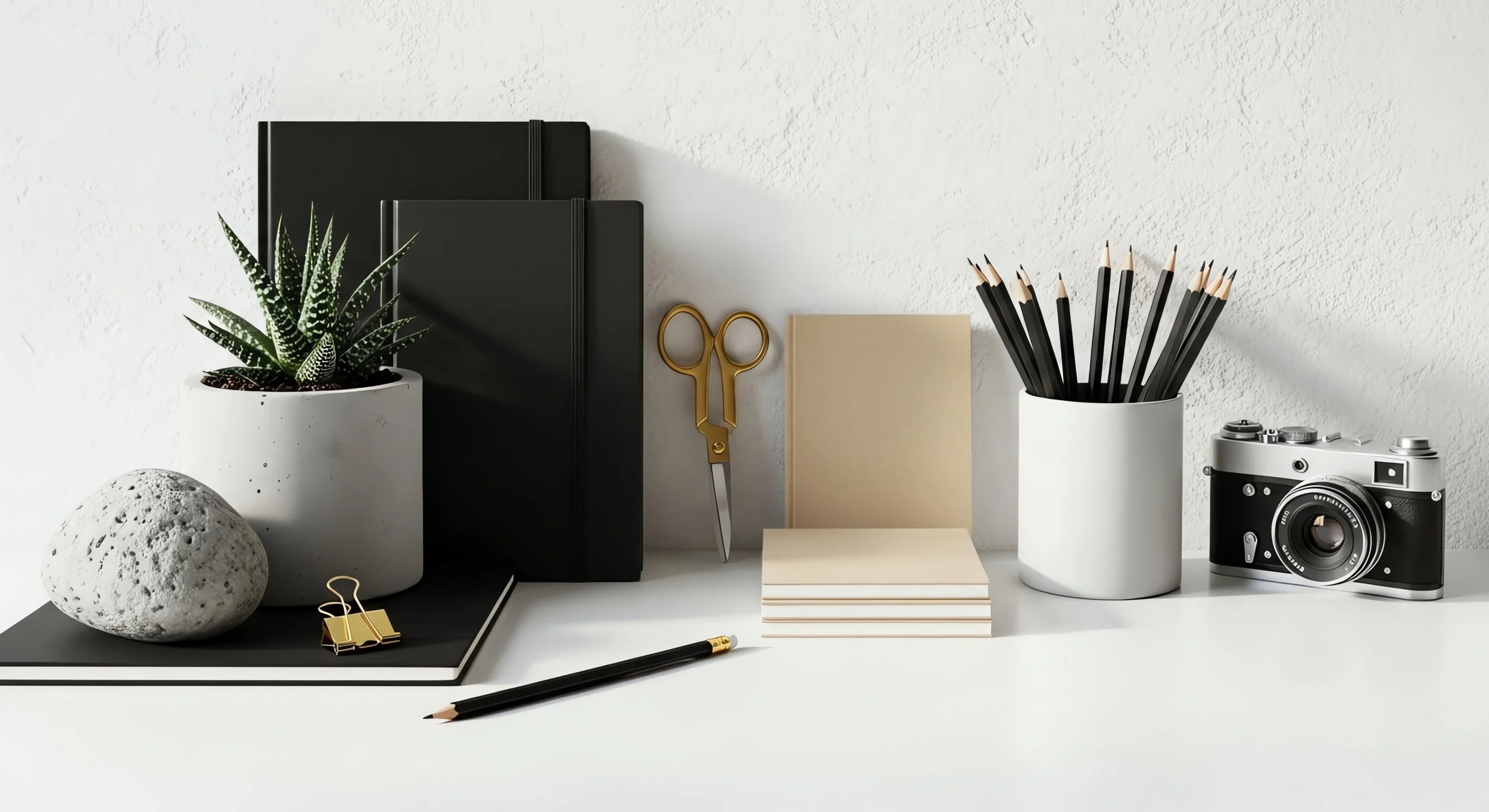 Desk with a potted succulent, black notebooks, golden scissors, beige notepad, black pencil, white stack of sticky notes, white vase with black pencils, and vintage camera against a white textured wall.