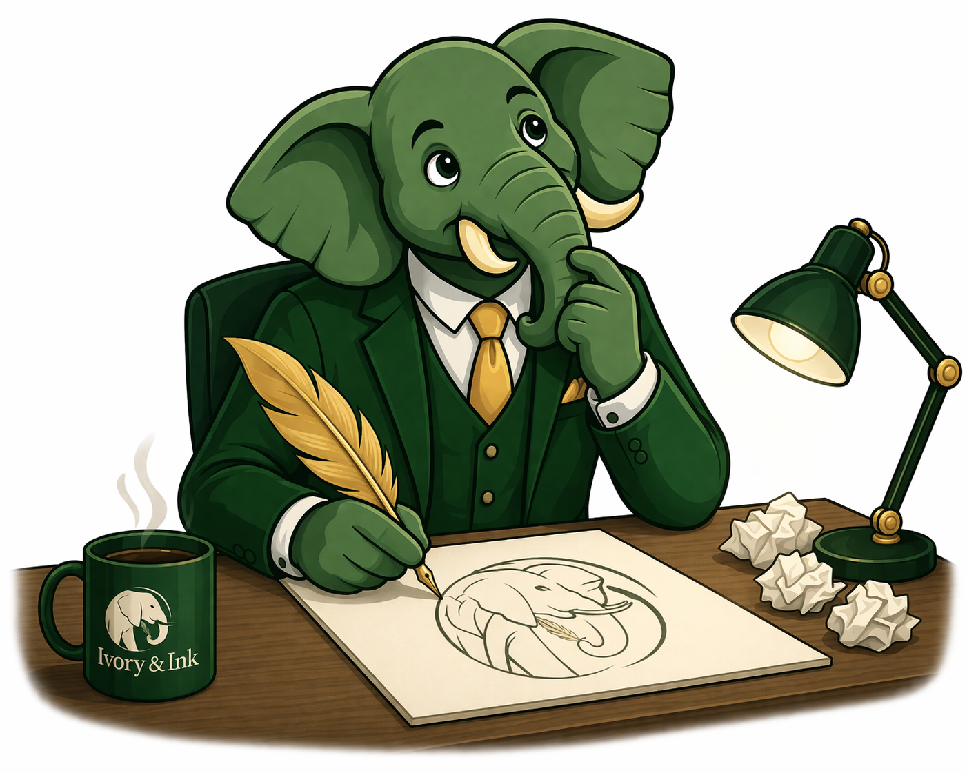 An anthropomorphic elephant in a business suit sitting at a desk, drawing a picture of an elephant on paper with a feather quill pen. There is a mug labeled 'Ivory & Ink' with steam rising, a green desk lamp, and crumpled papers on the desk.